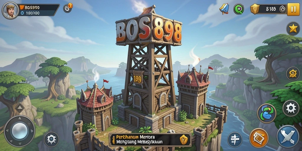 Screenshot gameplay BOS898 menunjukkan pertahanan menara yang strategis dalam aksi.