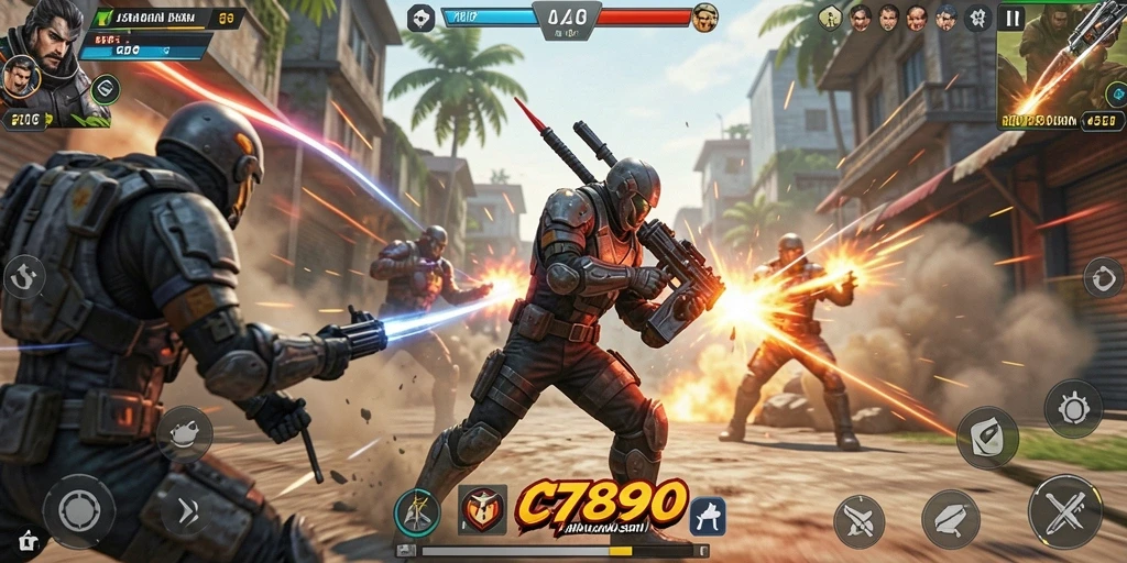 Screenshot utama C7890 menampilkan aksi penuh adrenalin dalam pertarungan.