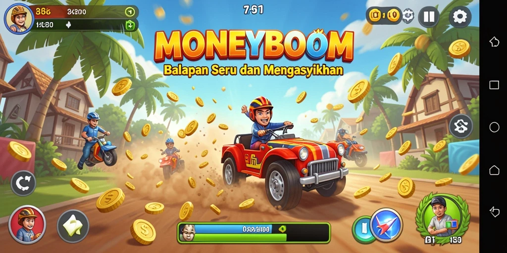 Tangkapan layar gameplay MONEYBOOM yang menampilkan balapan yang intens.