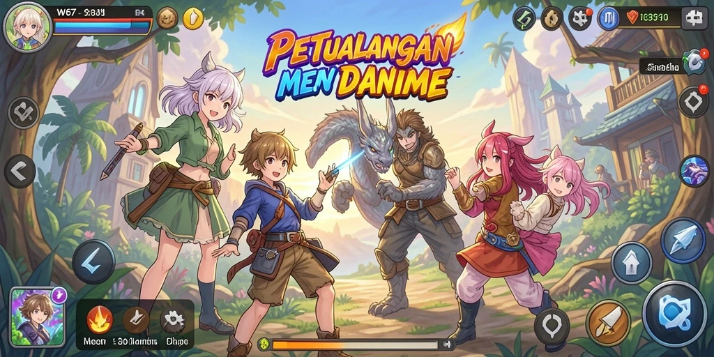 Screenshot gameplay W67 yang menampilkan pertarungan karakter Anime.