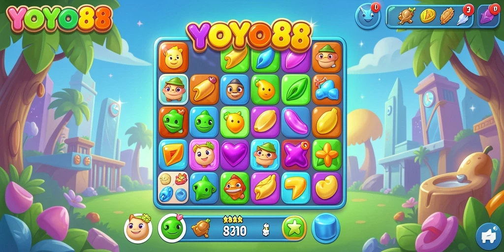 Screenshot utama YOYO88 menunjukkan gameplay Match-3 yang menantang.